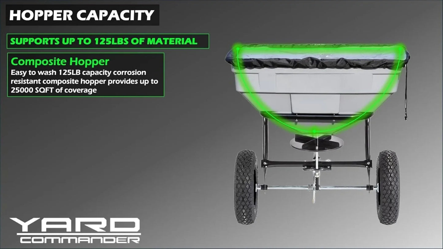 125 LB Tow Behind Lawn & Garden Broadcast Spreader - Seed, Fertilizer, Salt, Ice Melt-Gate Lever for Easy Spread Control