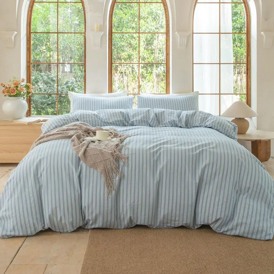 100 Washed Cotton Linen Like Duvet Cover Set,3 Pcs Striped Duvet Cover with Zipper ClosureStripCornflower Blue White,Queen
