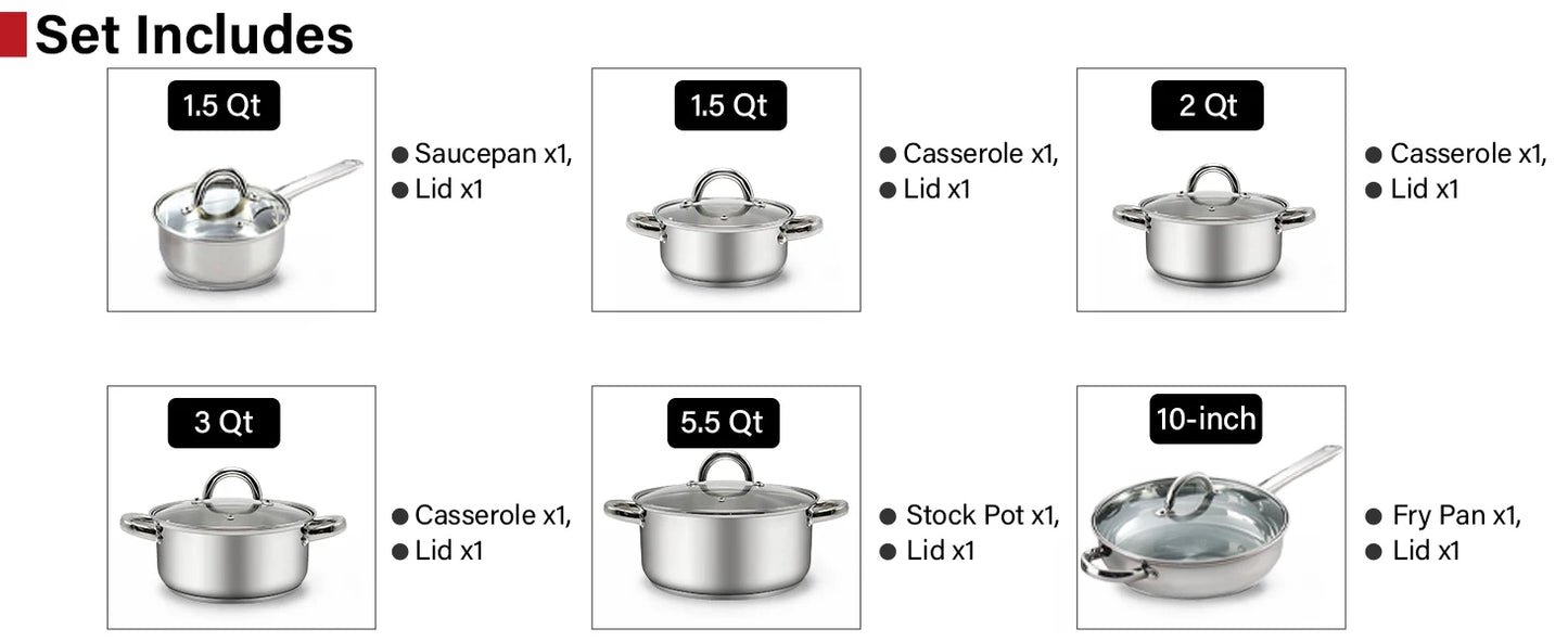Kitchen Cookware Sets, 12-Piece Basic Stainless Steel Pots and Pans, Silver