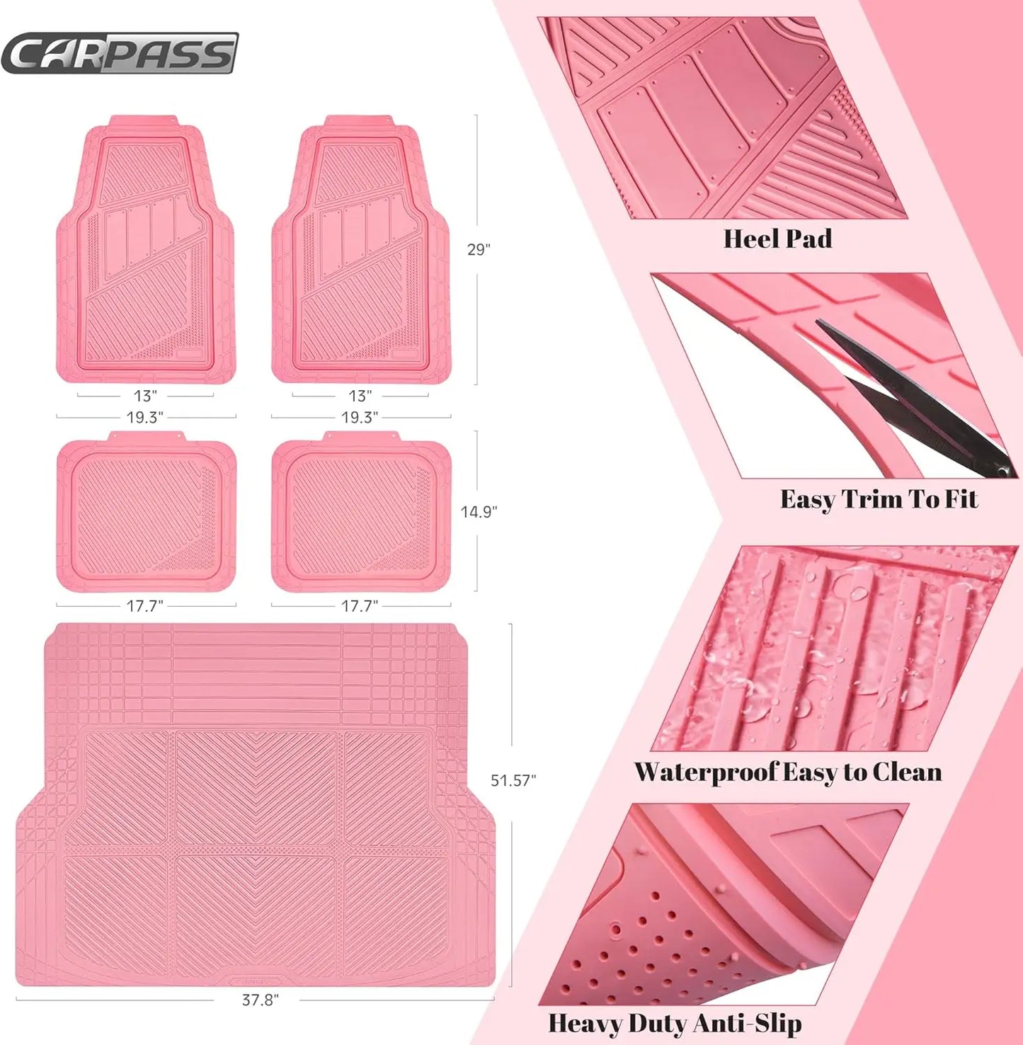 Pink Heavy Duty Rubber Floor Mats Full Set with Trunk Liner - Universal Waterproof All Weather Car Mats for Women SUV Truck