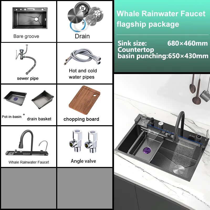 Stainless Steel Waterfall Kitchen Sink New Embossed Extra Large Single Slot Modern Digital Display Multifunctional Kitchen Sinks