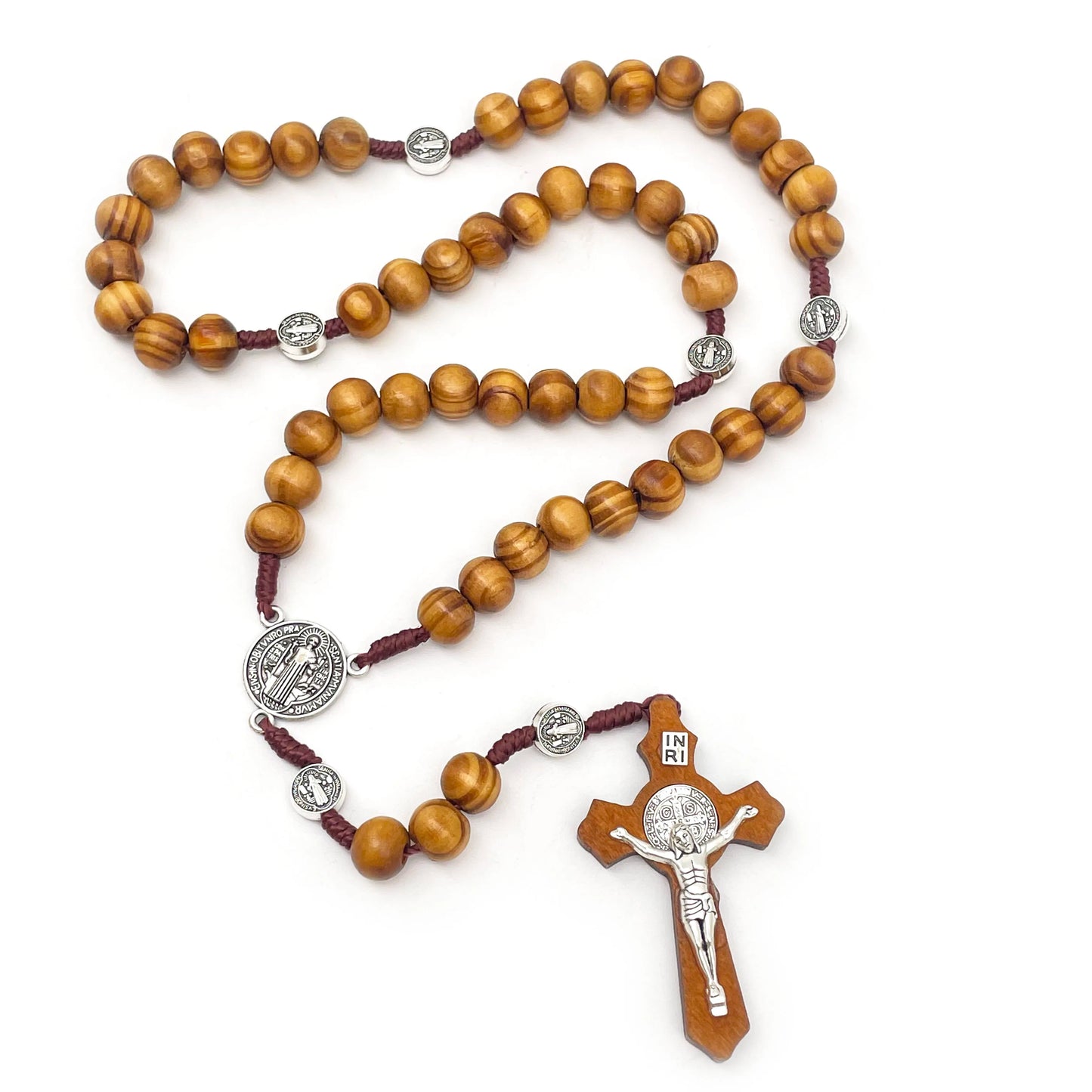 1 Pcs Faith Saint Benedict Rosary – 17 Inch Prayer Beads with 10mm Wood-Look Beads and Metal Crucifix, Religious Gift for Praye