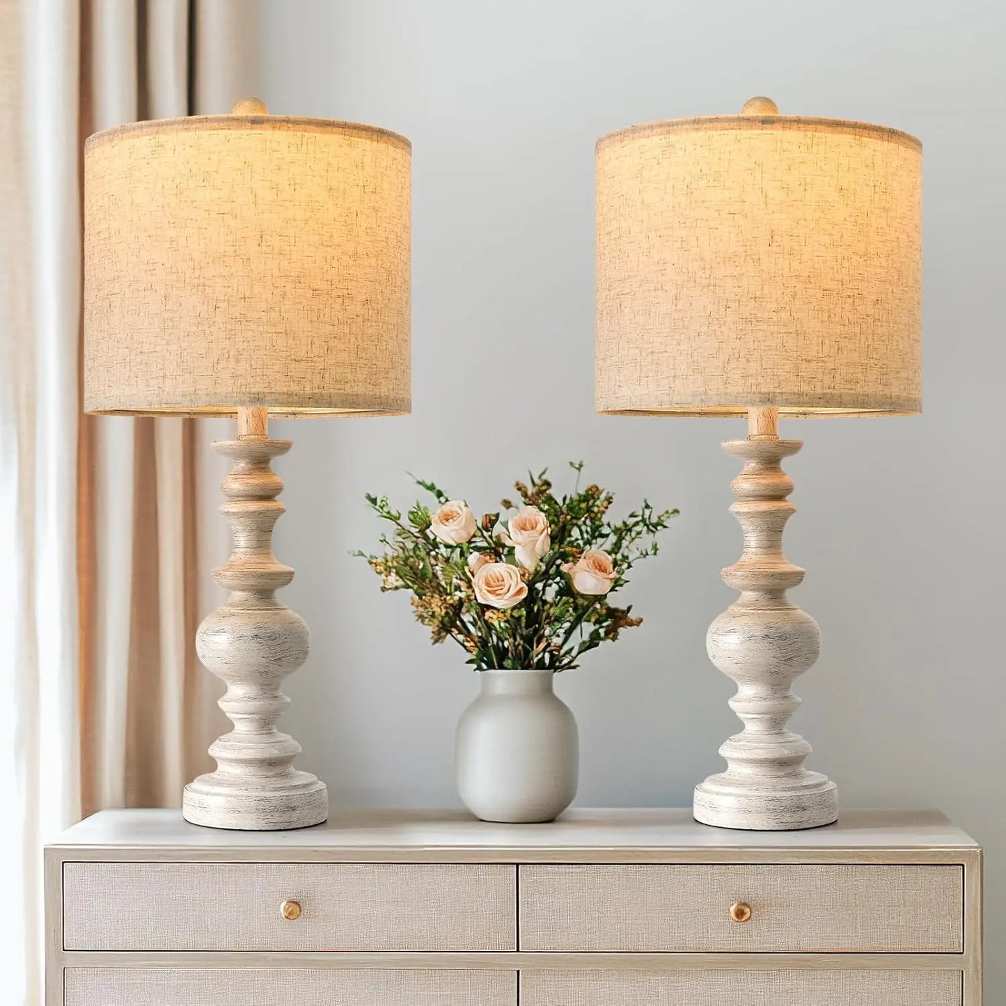 Set of 2 Vintage Farmhouse Table Lamps with Linen Shades, Rustic Bedside Lamps for Living Room and Bedroom