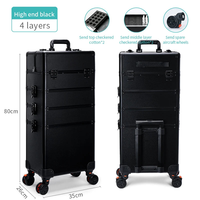 4 in 1 Professional Makeup Train Case Aluminum Rolling Cosmetic Case On Wheels Artist Makeup Organizer Storage with Trays