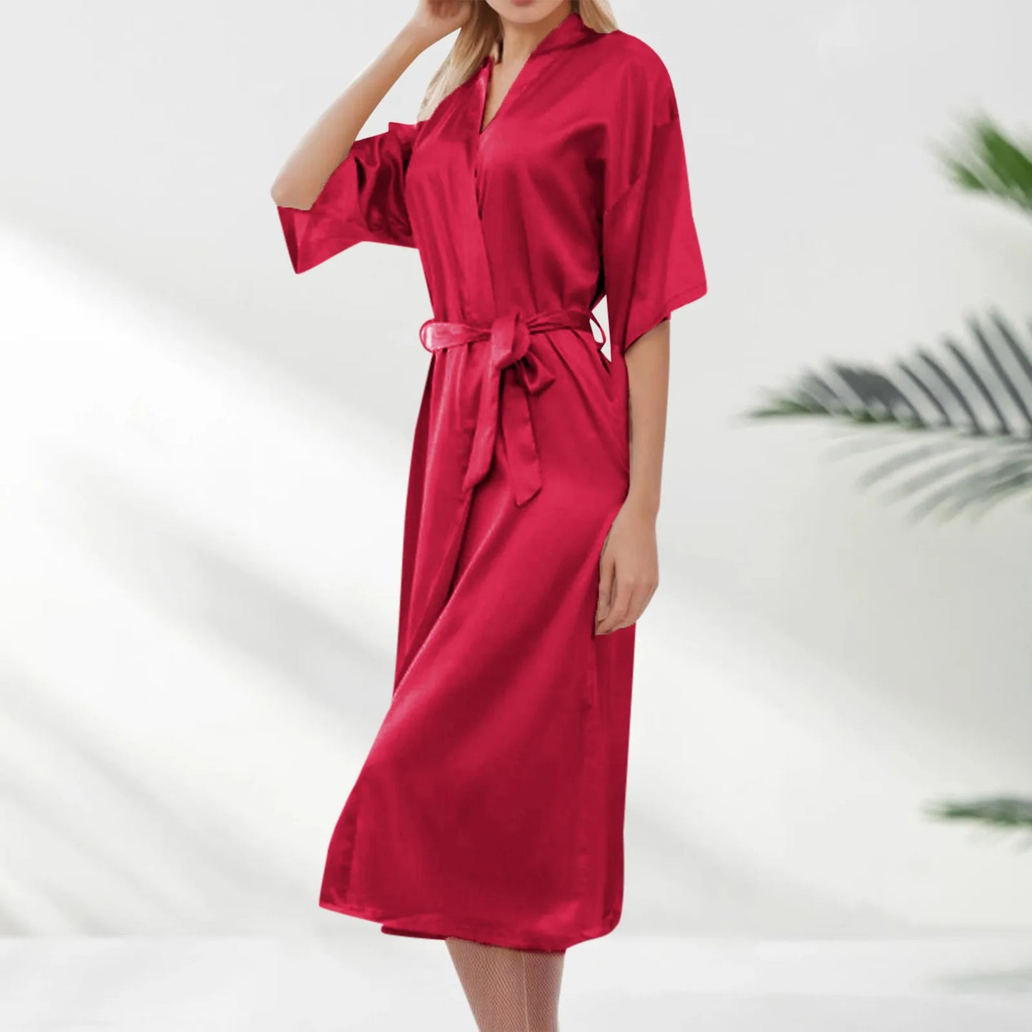Womens Long Satin Robe Short Sleeve Kimono Silky Satin Bathrobe Bridesmaids Robe Loose Fit Sleepwear Soft Nightgown For Women