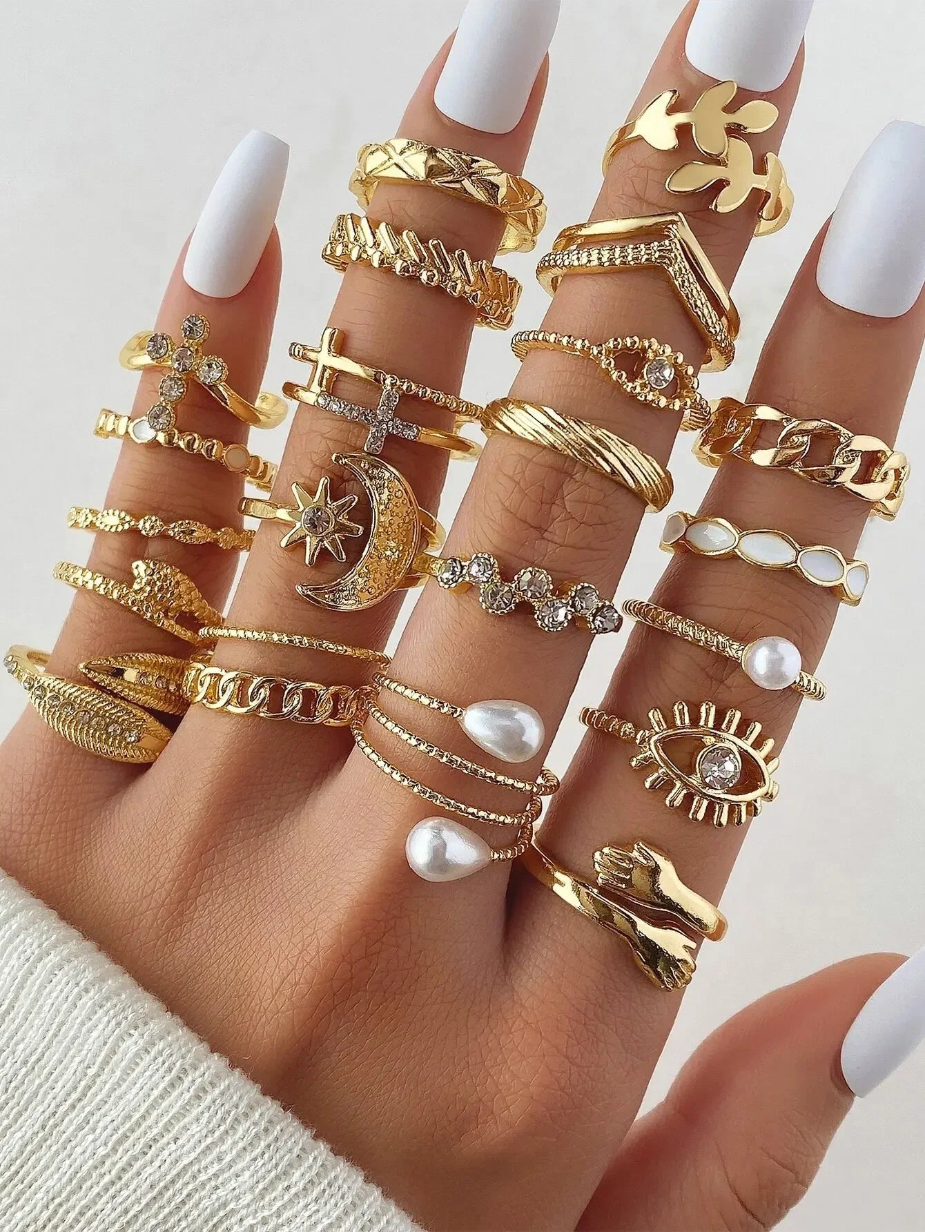 Boho 22 Pcs/Set of Punk Pearl Rings Set For Women Fashion Eye Finger Leaf Ring Parties Festivals Gifts Daily Versatility Jewelry
