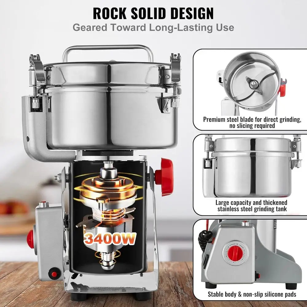 2000g Electric Grain Mill Grinder, High Speed 3400W Commercial Spice Grinders, Stainless Steel Pulverizer Powder Machine for Dry