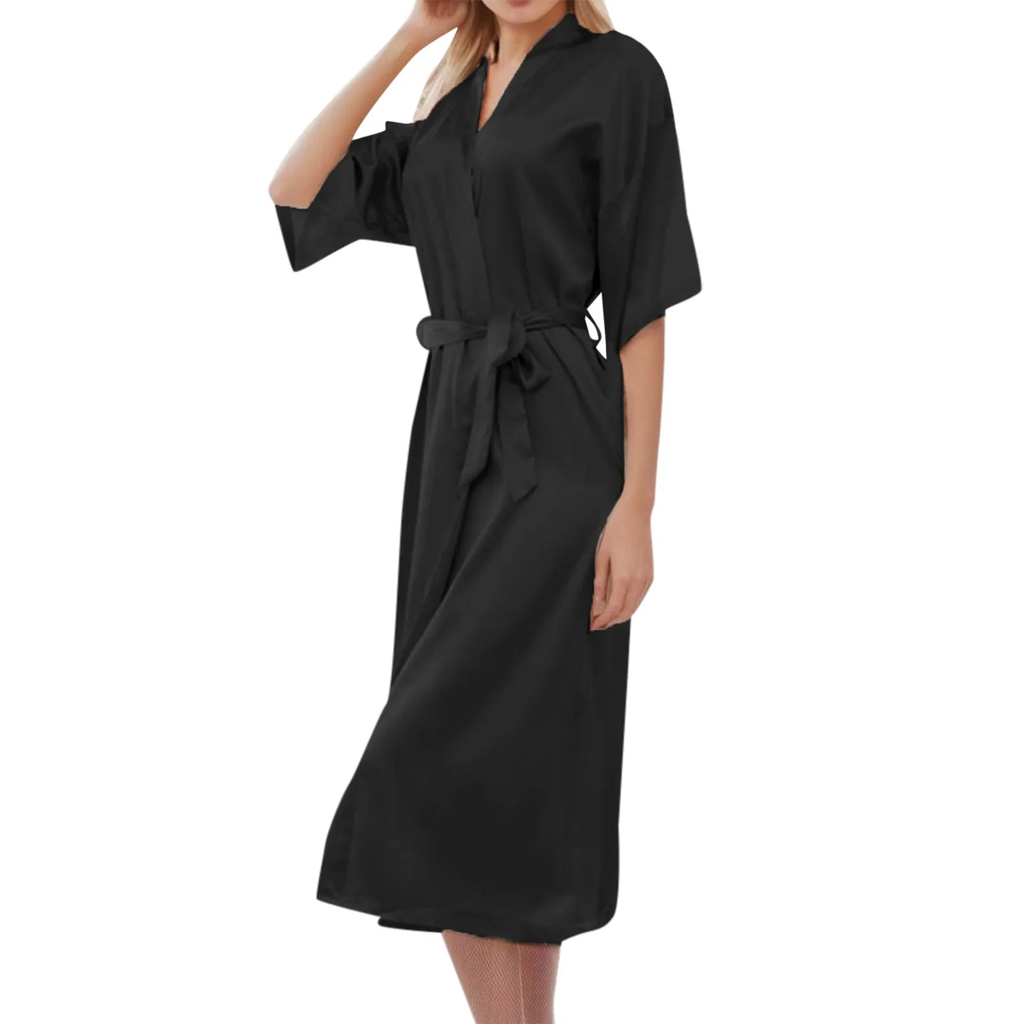 Womens Long Satin Robe Short Sleeve Kimono Silky Satin Bathrobe Bridesmaids Robe Loose Fit Sleepwear Soft Nightgown For Women