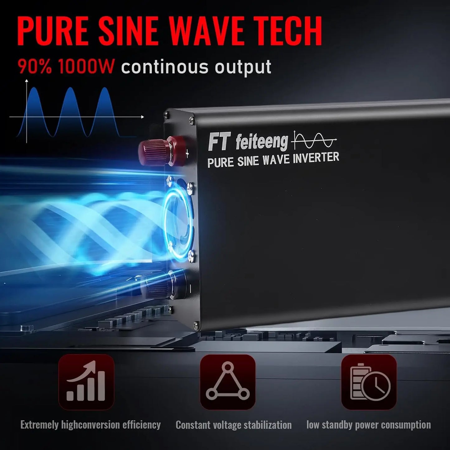 1000W Pure Sine Wave Inverter 12V DC to 120V AC, 60Hz, with Battery Cables, 2 AC Outlets, 2 USB Ports, for Laptops, Cars, RVs, C