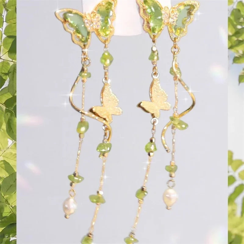 New Fashion Shiny Crystal Butterfly Long Tassel Earrings For Women Exquisite Zircon Pearl Elegant Temperament Earring Jewelry
