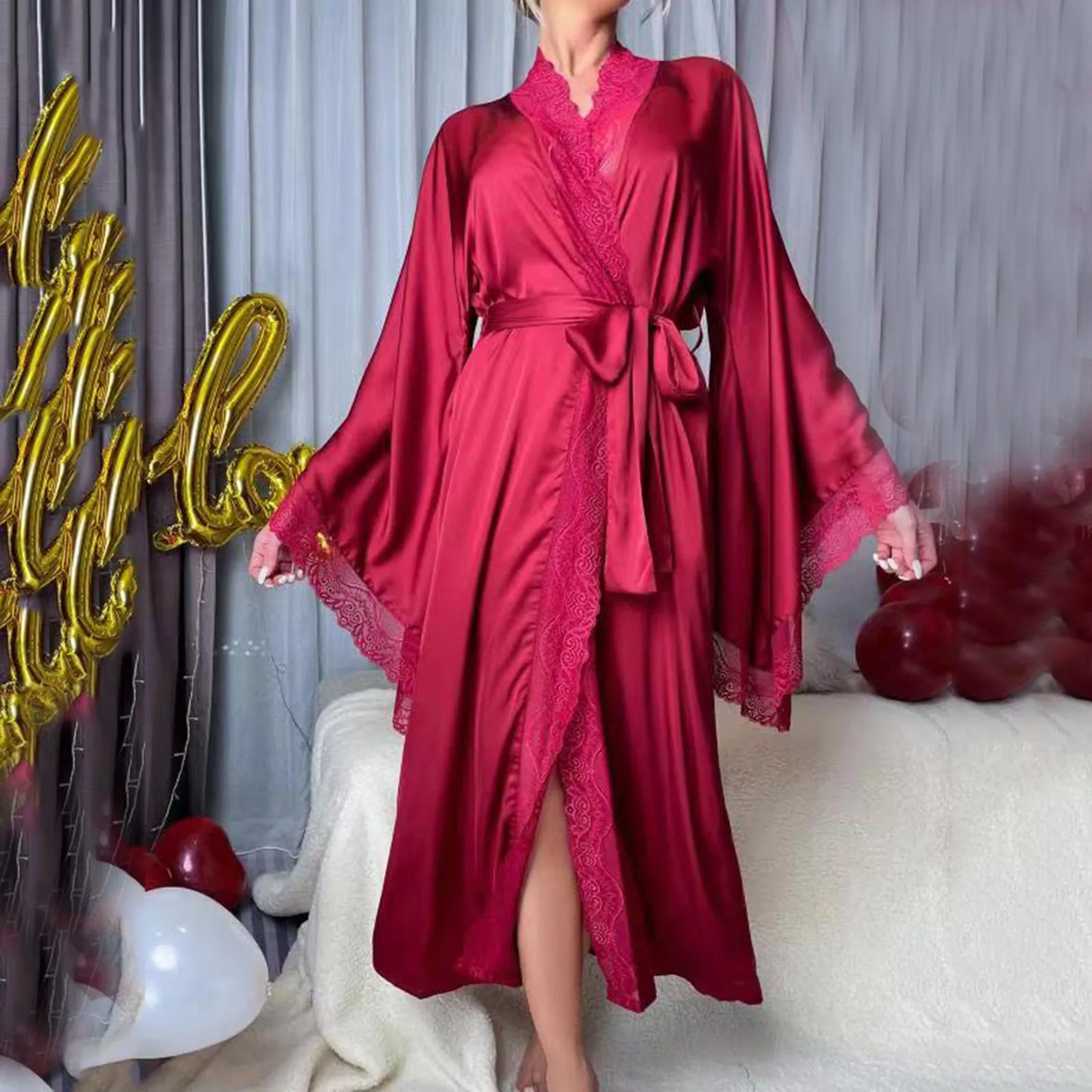 Long Solid Kimono Robe Women Sexy Lace Patchwork Bathrobe Gown Flare Sleeve Sleepwear Nightwear Bride Wedding Robes Loungewear