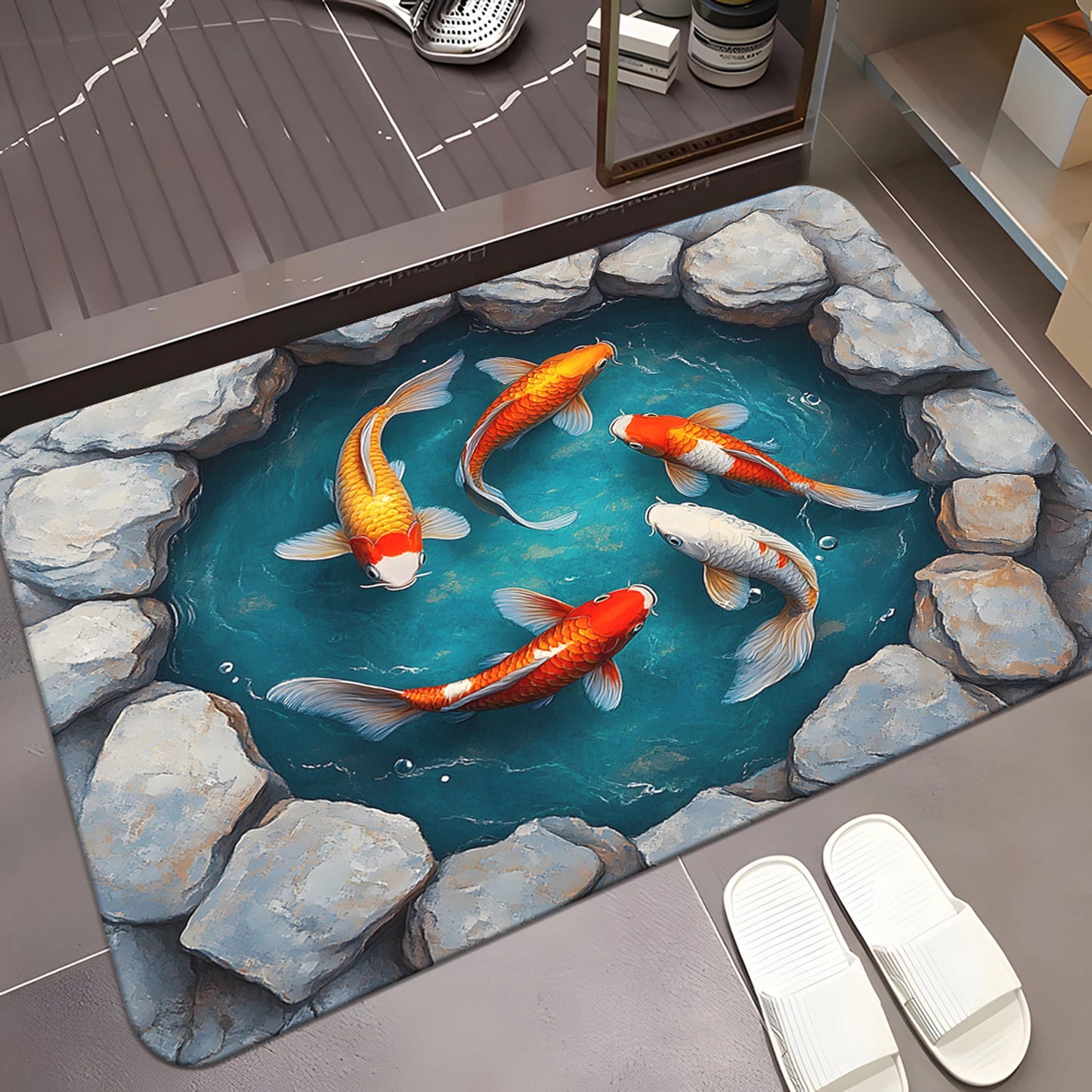 Luxurious 3D Effect Koi Fish Design Bath Mat with High Absorbency and Non-Slip Backing Ideal for Home Bathroom