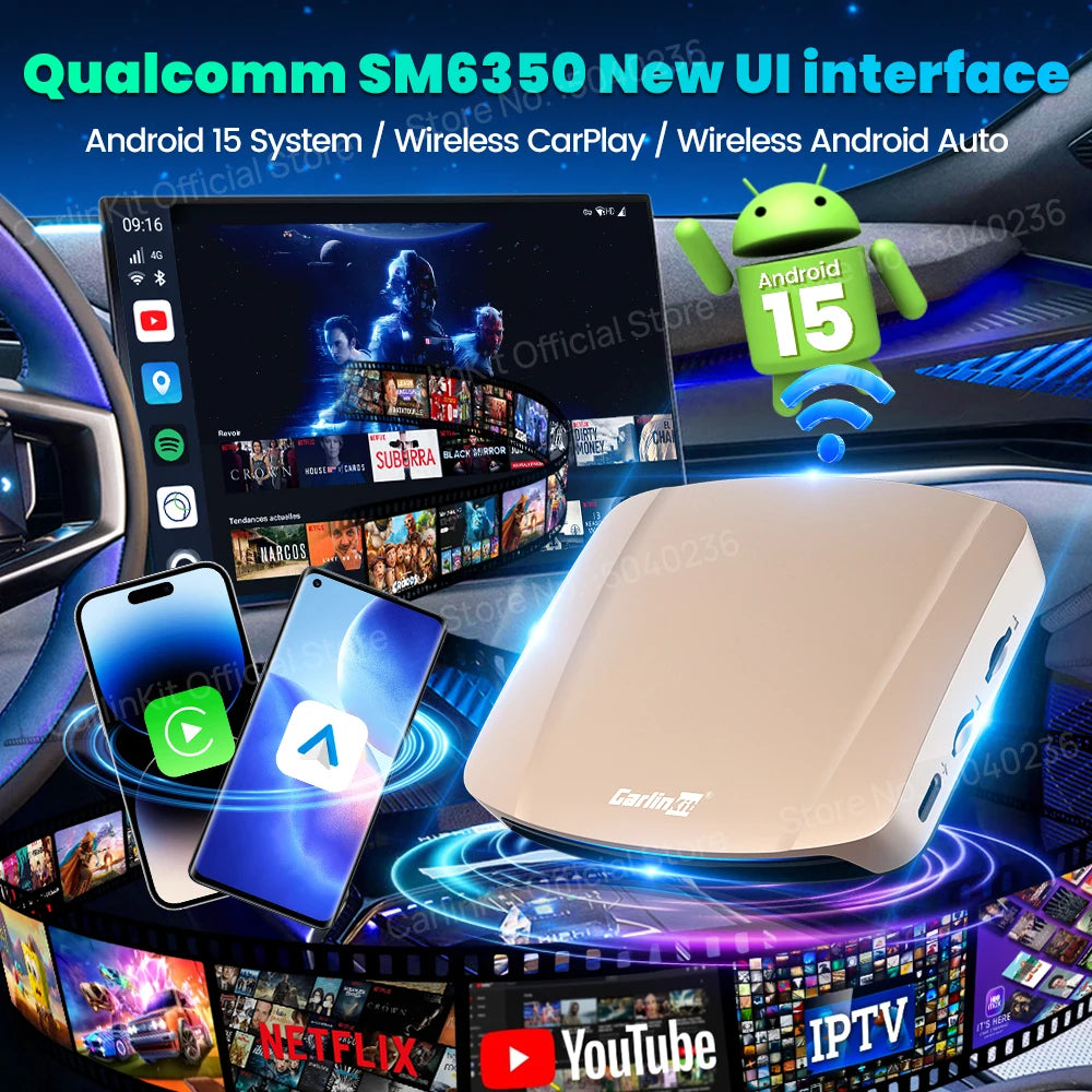 Android 15 Ultra WiFi6 CarPlay Ai Box CarlinKit SM6350 8-Core Wireless CarPlay Android Auto Support YouTube/SD/SIM Card 8G+256GB