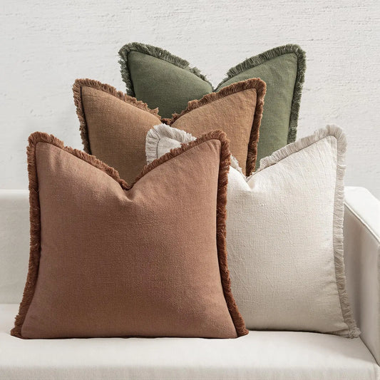 Set of 4 Linen Fringe Throw Pillows, 20x20 Inch Neutral Beige/Brown/Green Covers for Sofa Bed Living Room Farmhouse Decor
