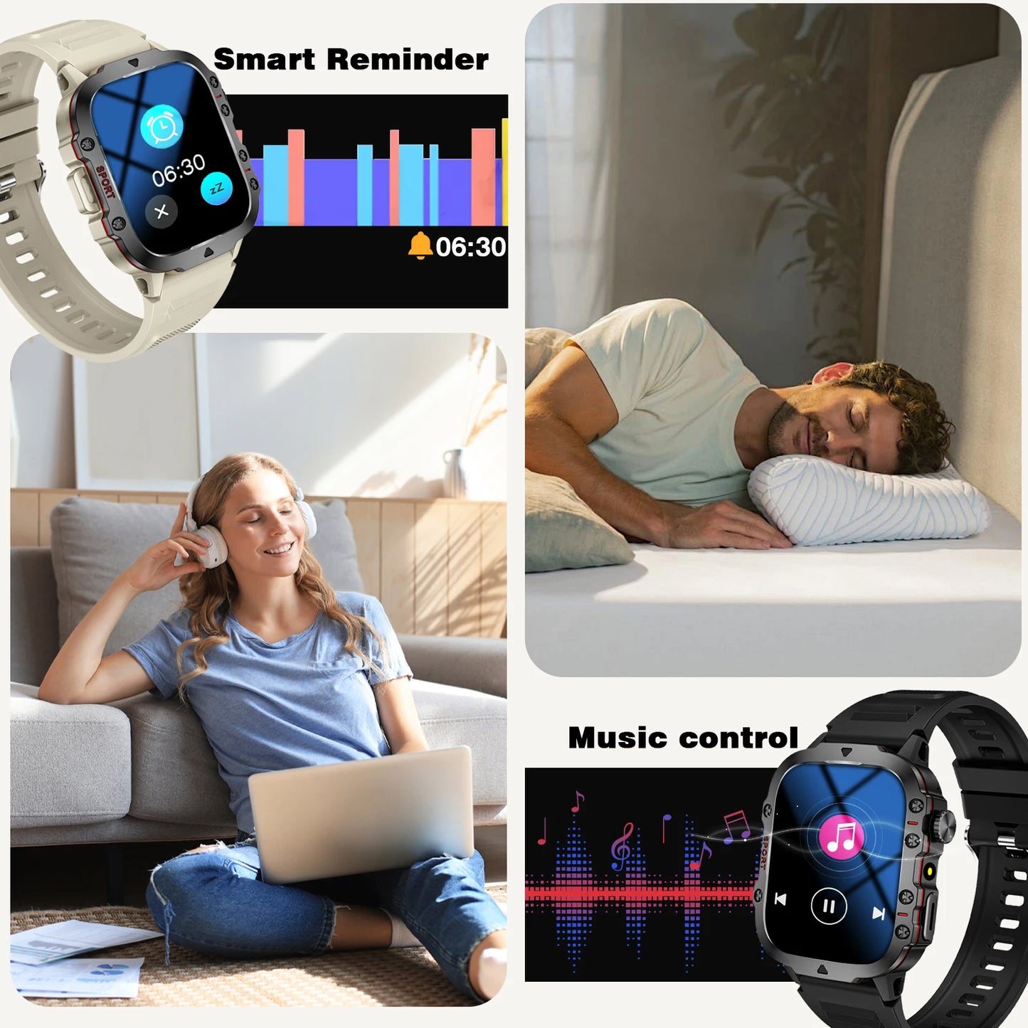 Smart Watch with Flashlight, Bluetooth Calling, Message Reminder, Stainless Steel Strap, Compatible with IPhone/Android