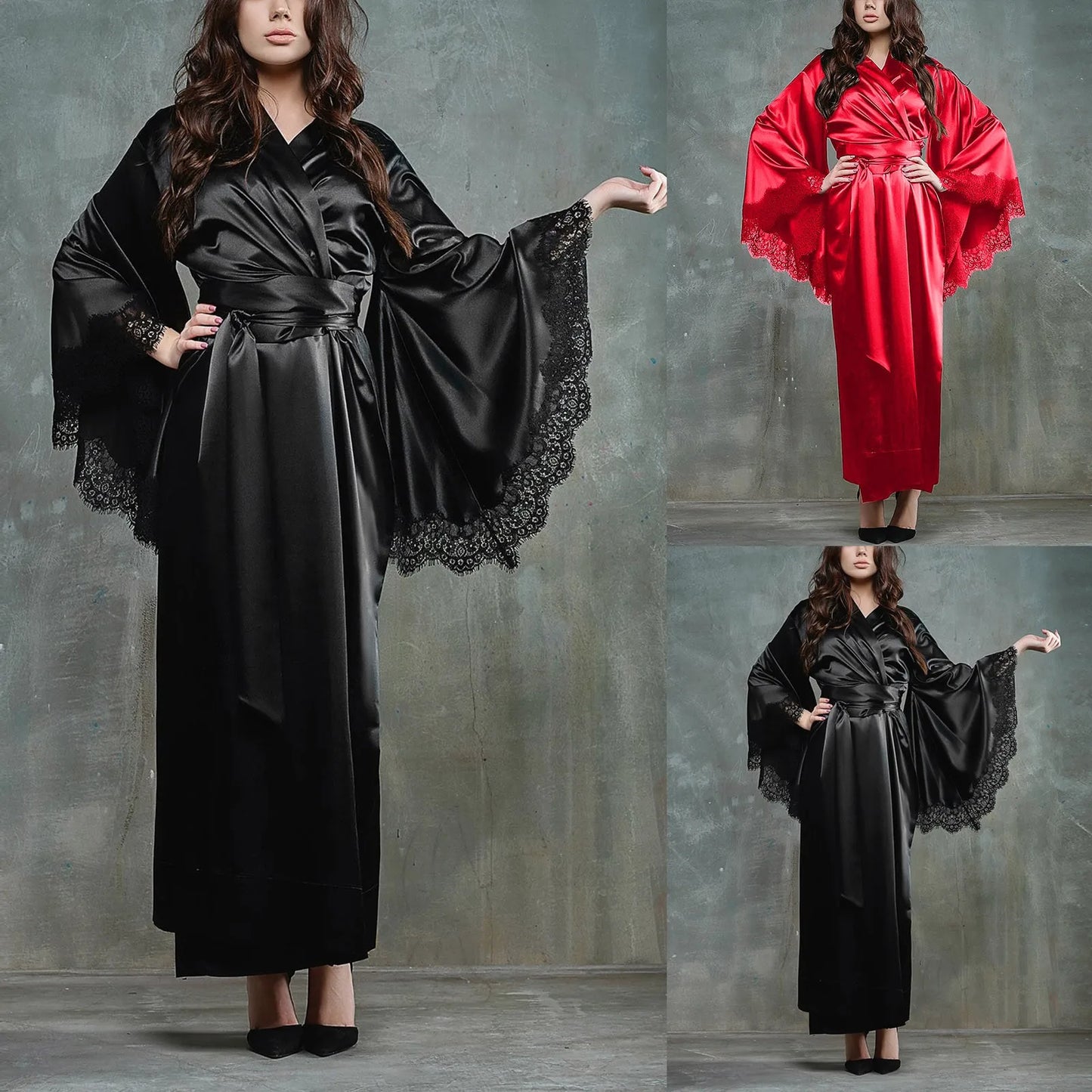Women's Sexy Long Kimono Dress Lace Bath Robe Lingerie Gown Ice Silk Nightdress Solid Color Lace Nightgown Nightwear Plus Size