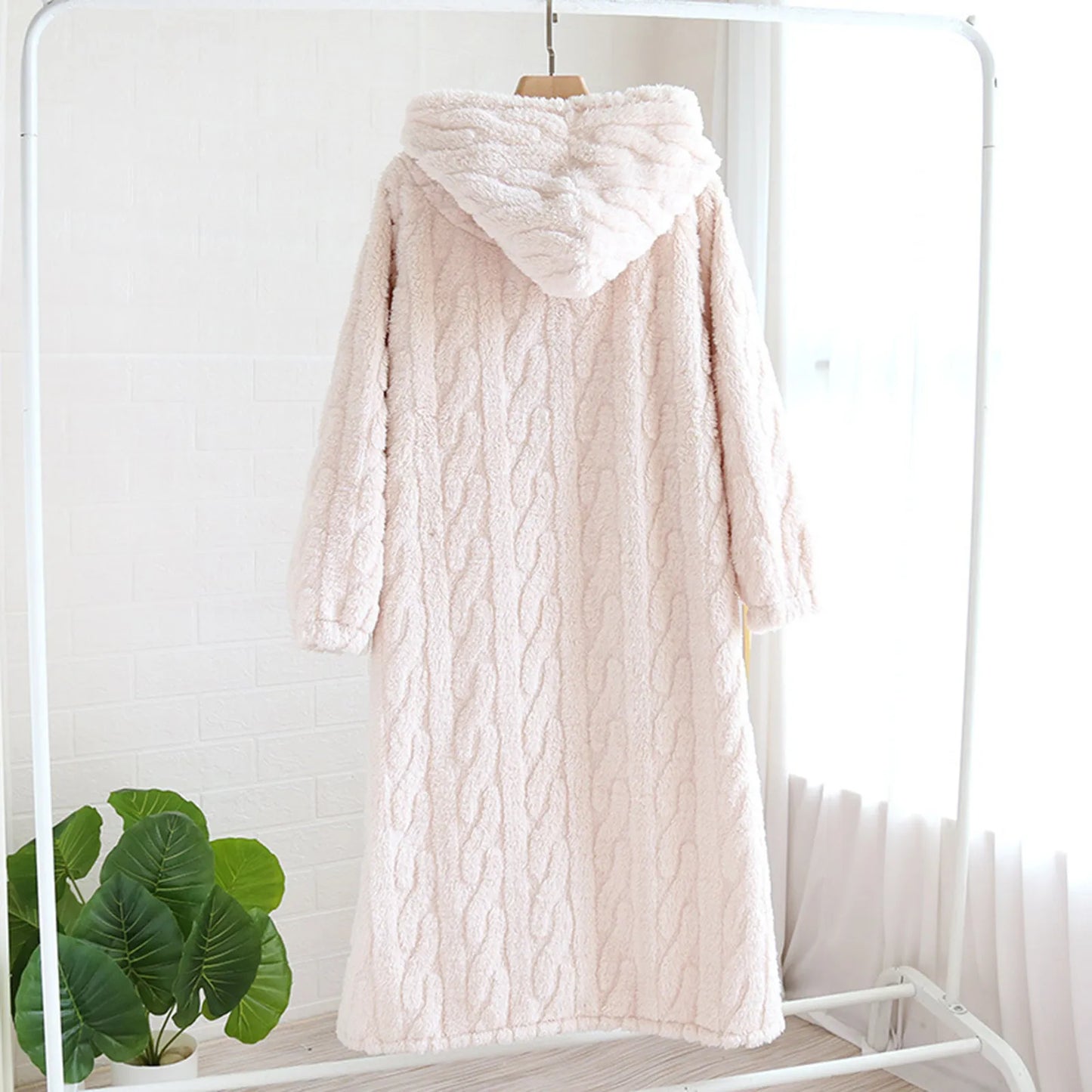 Women'S Loose Hooded Robe Nightgowns With Thick Plush Long Autumn/Winter Coral Fleece Bathrobe With Big Pockets Woman Nightwear