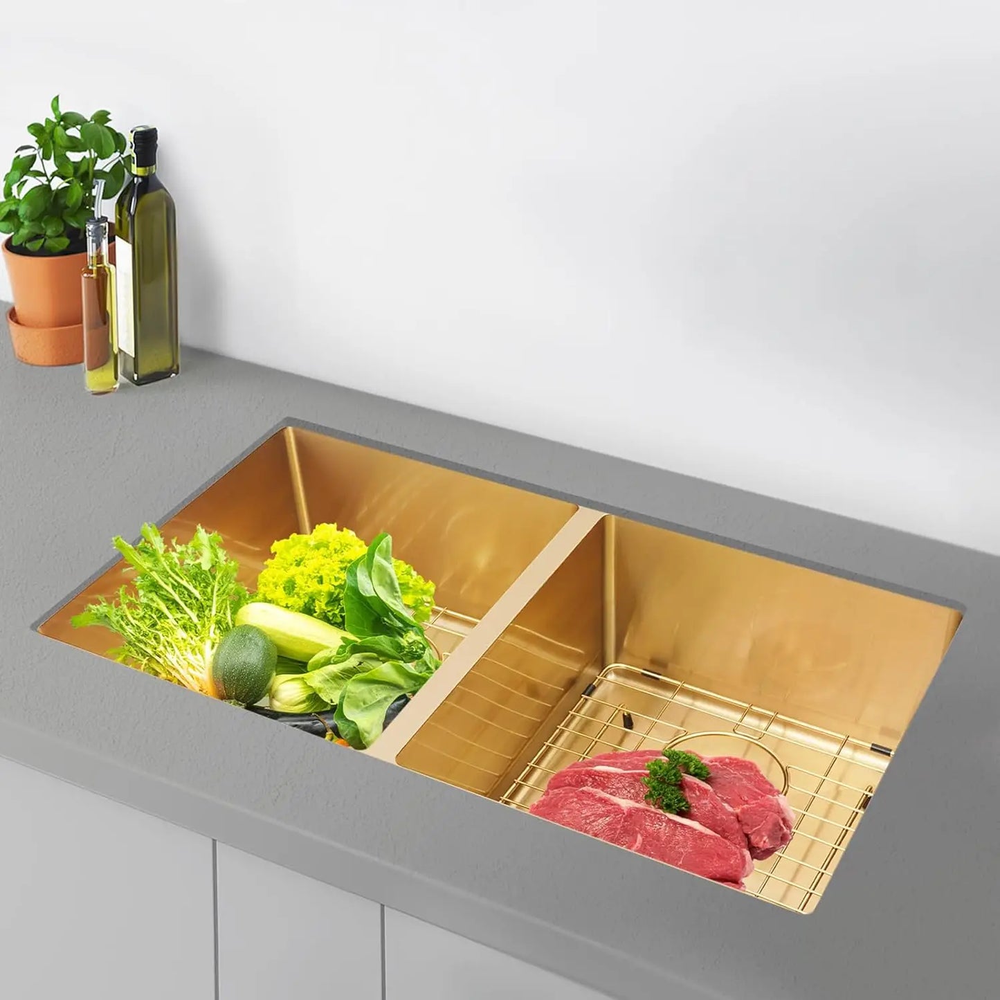 Double Bowl Sink, 31 Inch Undermount Stainless Steel Sink with Grid and Drainer for Commercial Kitchens, Homes, Backyards (Gold)