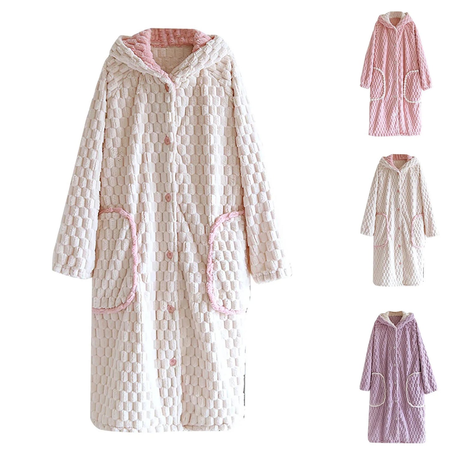 Women'S Loose Hooded Robe Nightgowns With Thick Plush Long Autumn Winter Coral Fleece Bathrobe With Big Pockets Woman Nightwear