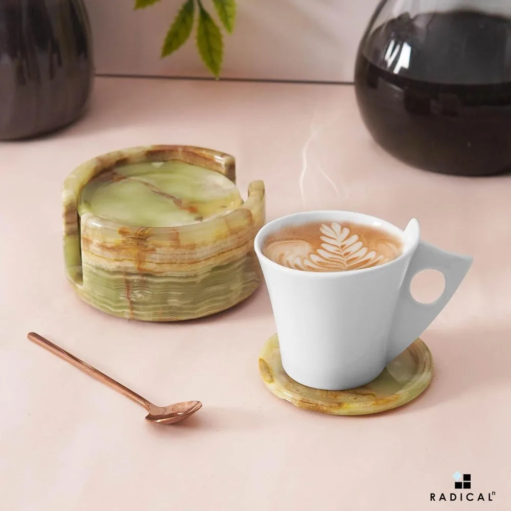 Green Onyx Marble Coasters Set of 6 with Holder, 3.5 Inch Round Drink Coasters for Table Decor