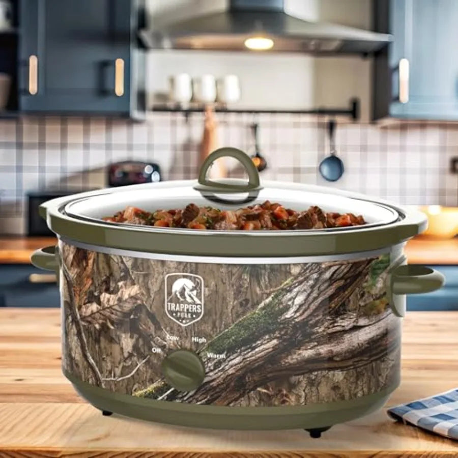 7 Quart Oval Slow Cooker Pot with Heat Settings for Kitchen Appliances Counter Top Use and Cooking Camo Green