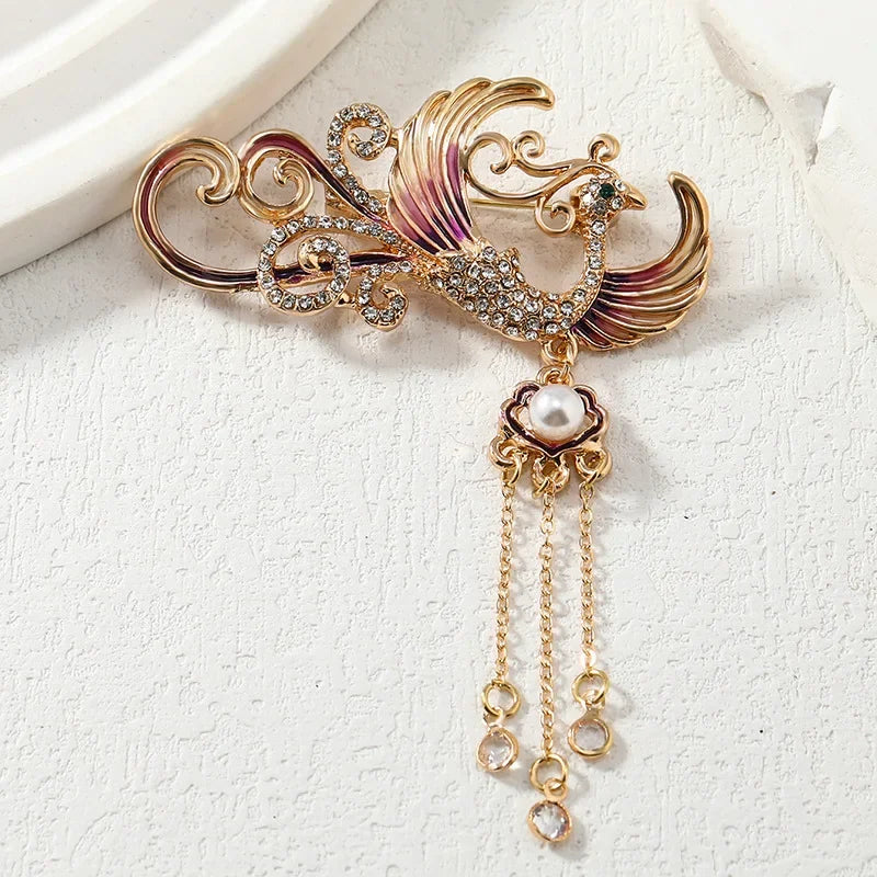 New Retro Phoenix Rhinestone Brooch Fashion Shiny Crystal Animal Pin Men and Women Clothes Bag Accessories Jewelry Gift