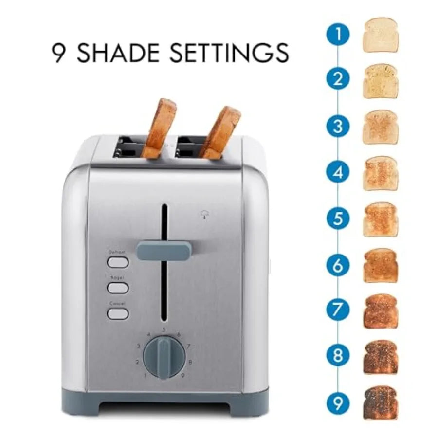 Kenmore 2-slice toaster with extra wide slots stainless steel finish 9 shade settings defrost function compact countertop kitch