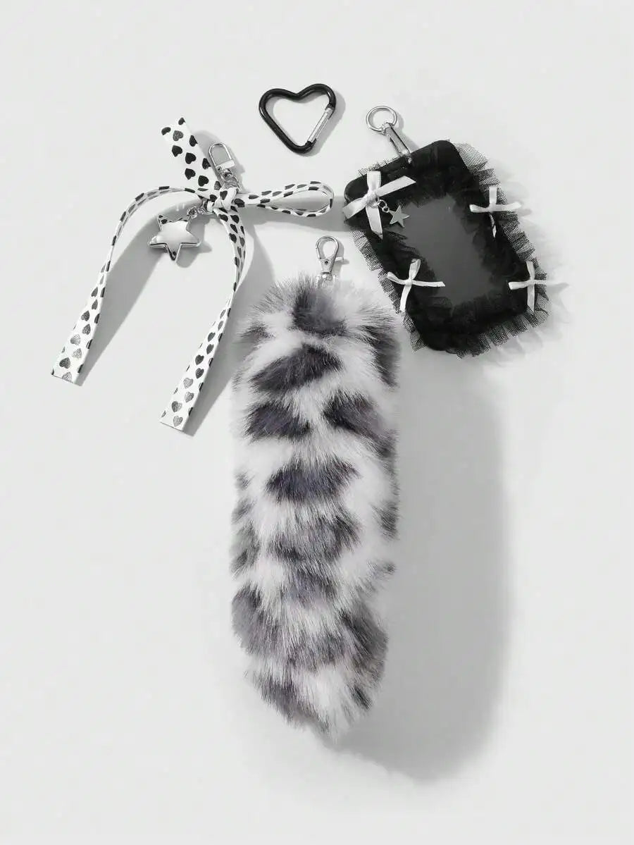 Black & White Faux Fur Ombre Tail Keychain with Tulle Card Holder and Heart Charm
