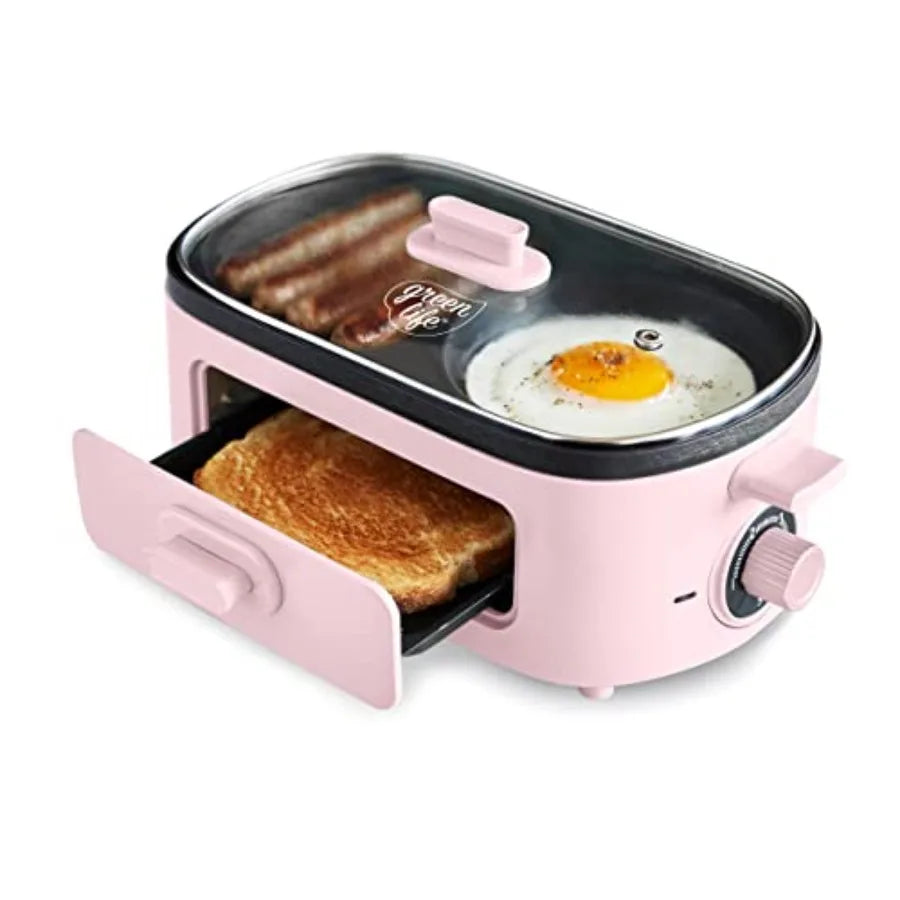 3-in-1 Breakfast Maker Station Healthy Ceramic Nonstick Dual Griddles for Eggs Meat Sausage Bacon Pancakes and Breakfast Sandwi