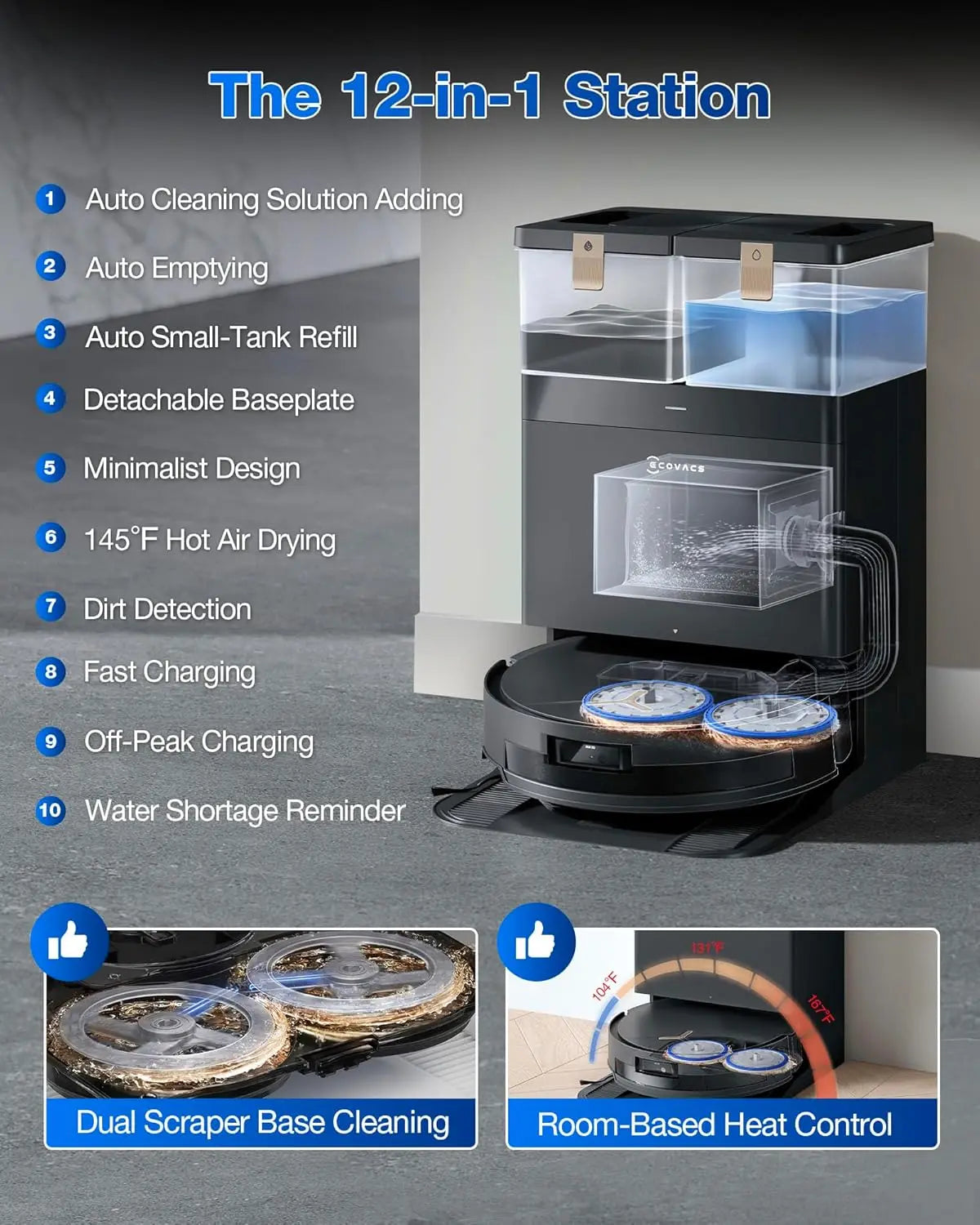 Robot Vacuum and Mop, 18,500Pa Suction, 18mm Auto-Lift,3.0 Obstacle Avoidance, Auto Hot Water Mop Wash/Dry/Refill, Self-Emptying