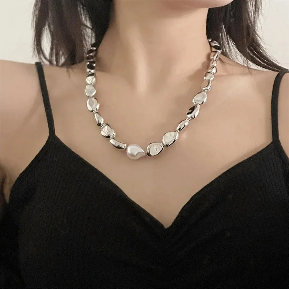 Vintage Silver-plate Geometric Exaggerated CCB Chain Necklace For Women Female Fashion Boho Artificial Pearl Y2K Jewelry Gift