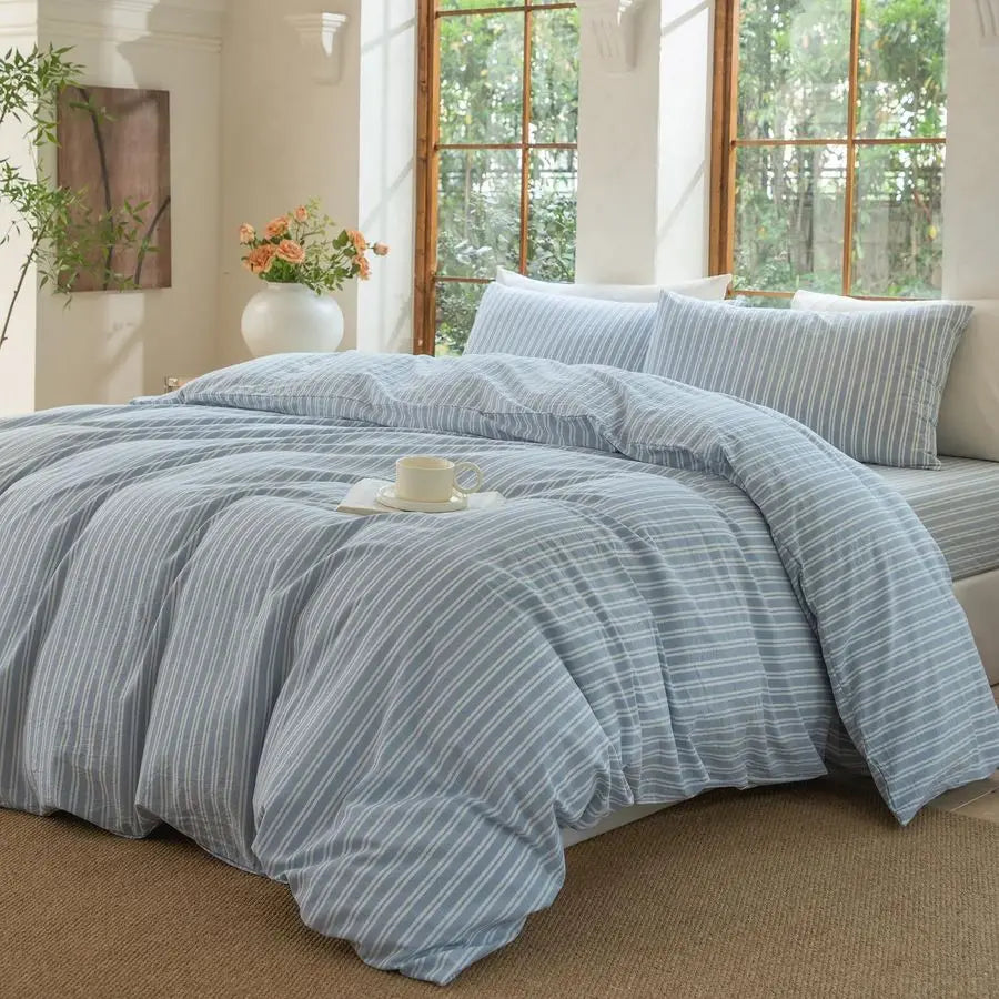 100 Washed Cotton Linen Like Duvet Cover Set,3 Pcs Striped Duvet Cover with Zipper ClosureStripCornflower Blue White,Queen