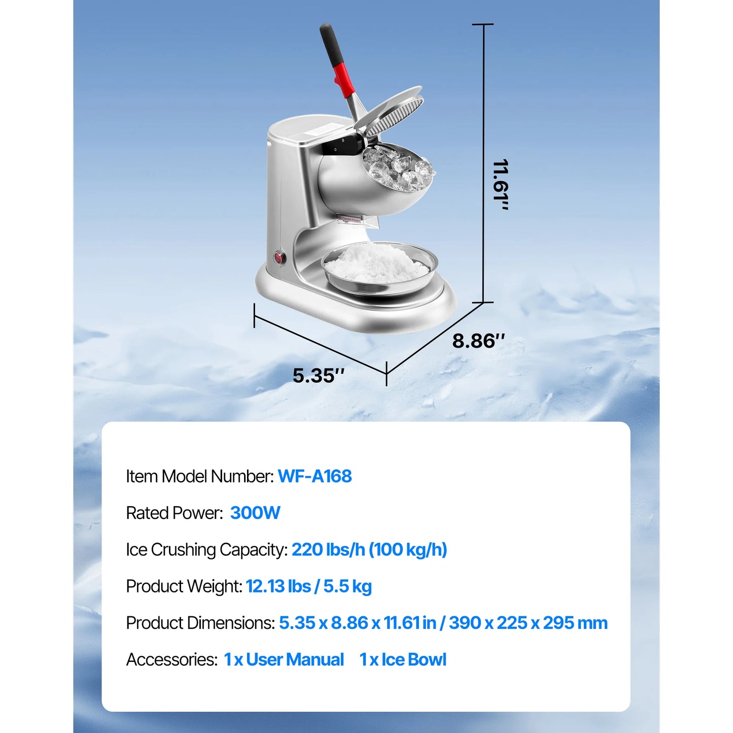 SucceBuy Ice Crusher Machine 220lb Per Hour Electric 4 Blades Snow Cone Maker Stainless Steel Shaved Ice Machine with Bowl Cover