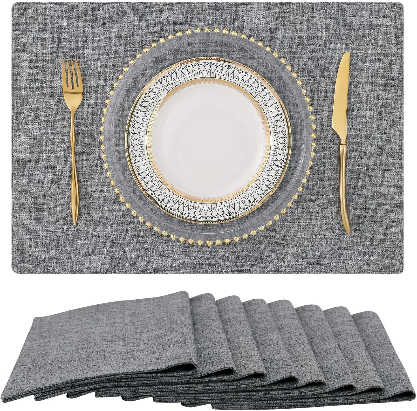 Cotton Linen Placemats Set of 8, Washable Farmhouse Table Mats for Indoor Outdoor Use, Dark Grey 13x19 Inch
