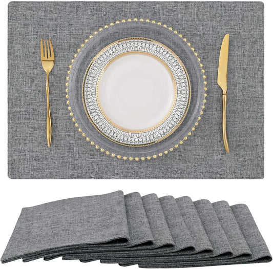 Cotton Linen Placemats Set of 8, Washable Farmhouse Table Mats for Indoor Outdoor Use, Dark Grey 13x19 Inch