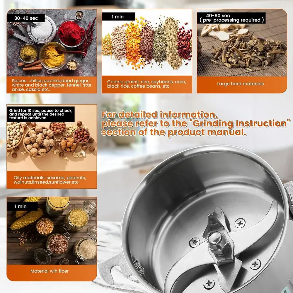 High Speed 150g Electric Grain Mill Grinder Spice Grinder 750W Stainless Steel for Spice, Herb, and Coffee Grinding