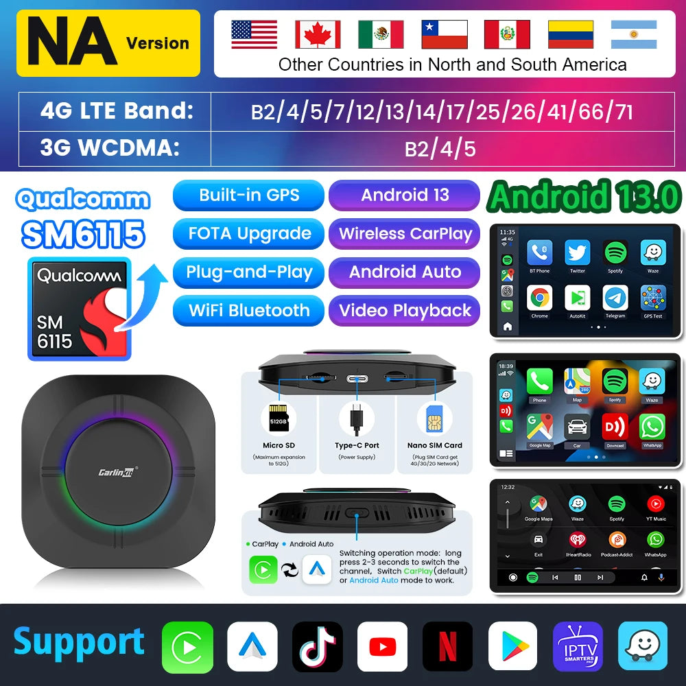 2026 Carlinkit Ai Box LED Android Wireless Carplay adapter Android 13 Qualcomm 6115 8-cores 64G Smart Tv Box For Netflix IPTV