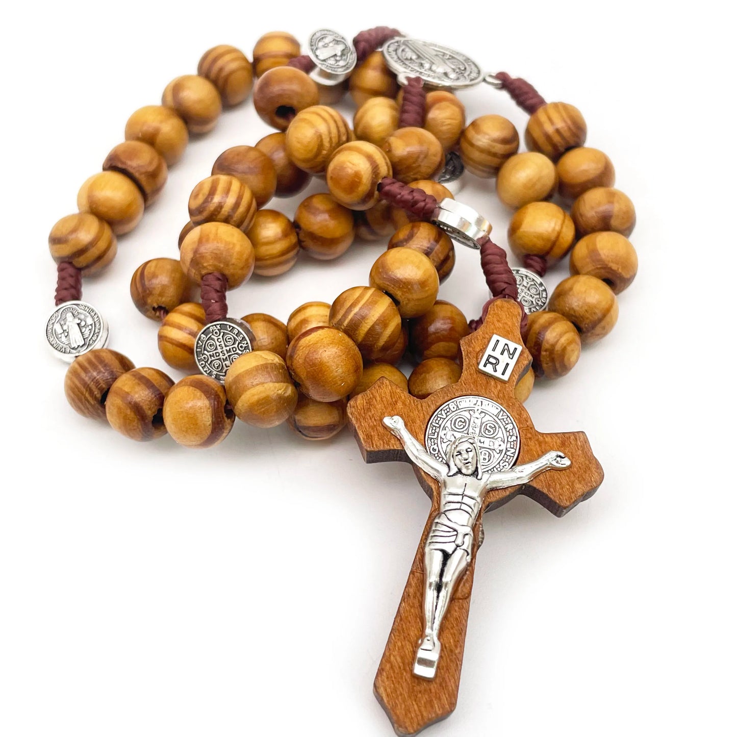 1 Pcs Faith Saint Benedict Rosary – 17 Inch Prayer Beads with 10mm Wood-Look Beads and Metal Crucifix, Religious Gift for Praye