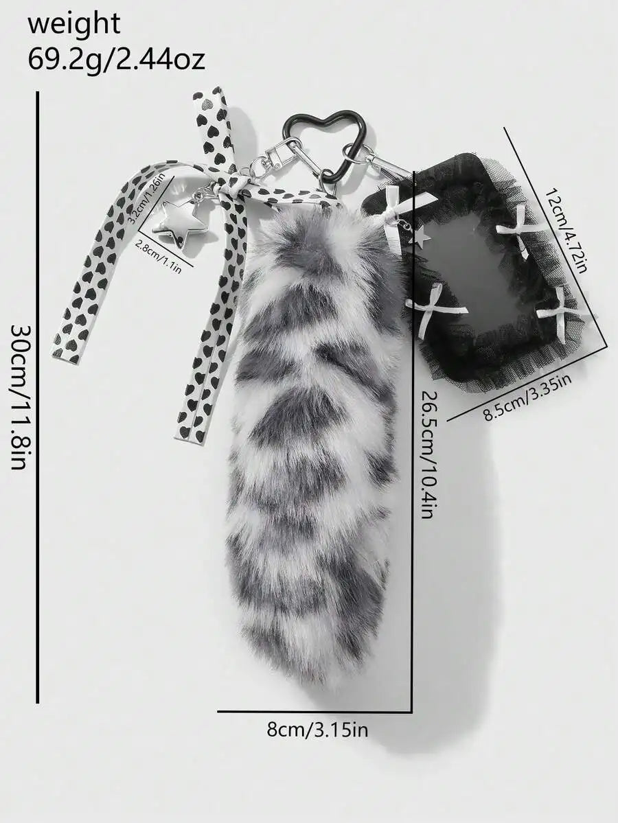 Black & White Faux Fur Ombre Tail Keychain with Tulle Card Holder and Heart Charm