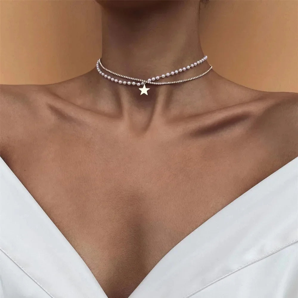 Vintage Silver-plate Geometric Exaggerated CCB Chain Necklace For Women Female Fashion Boho Artificial Pearl Y2K Jewelry Gift