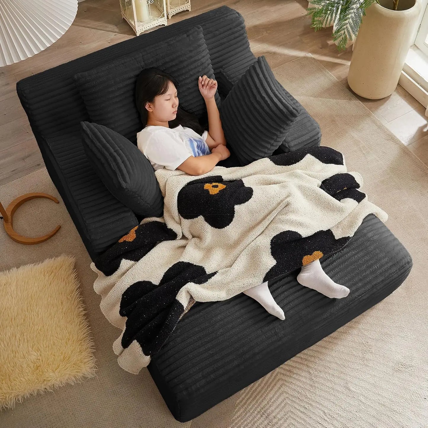 Oversized Chaise Lounge Chair with 3 Comfy Pillows for Living Room Bedroom, Wide Arms Corduroy Fabric High-Density