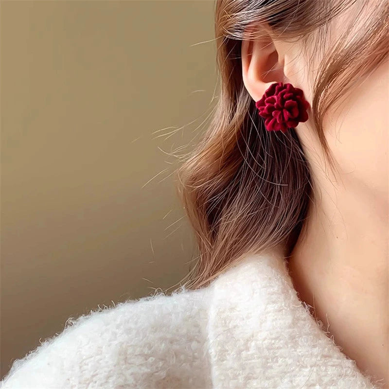 Temperament Winered Flocking Camellia Flower Stud Geometry Earring Jewelry Christmas Girl Friend Gift