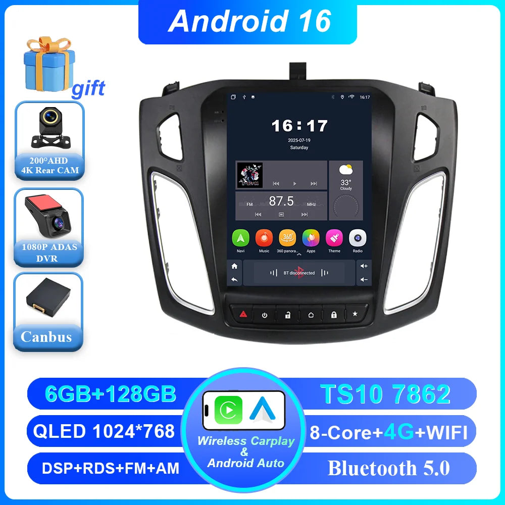 Android 16 Car Radio Stereo For Ford Focus 3 Mk 3 2011 2012 - 2019 Auto GPS Multimedia Player 2Din Wireless Carplay 4G WiFi BT