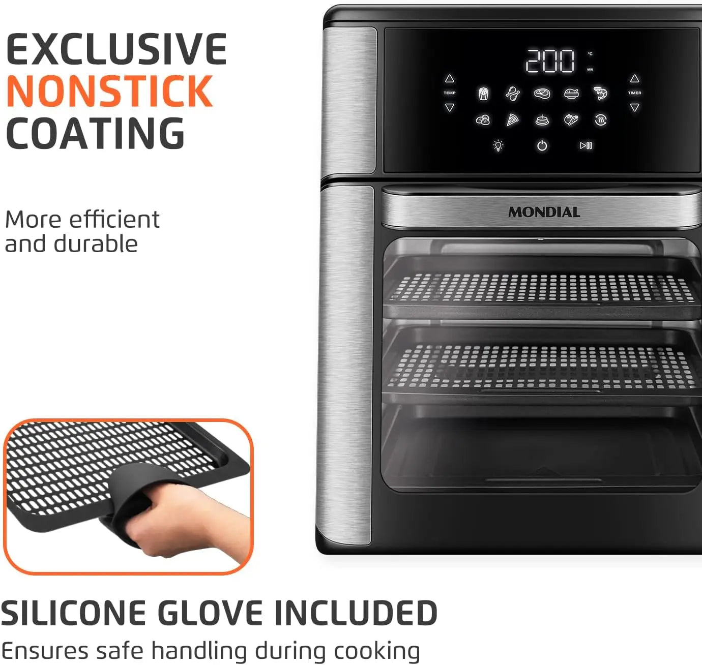 Air Fryer Oven 1800W, 12.7QT Capacity, Touchscreen Panel, Automatic Shut-Off – Black & Stainless Steel – Mondial