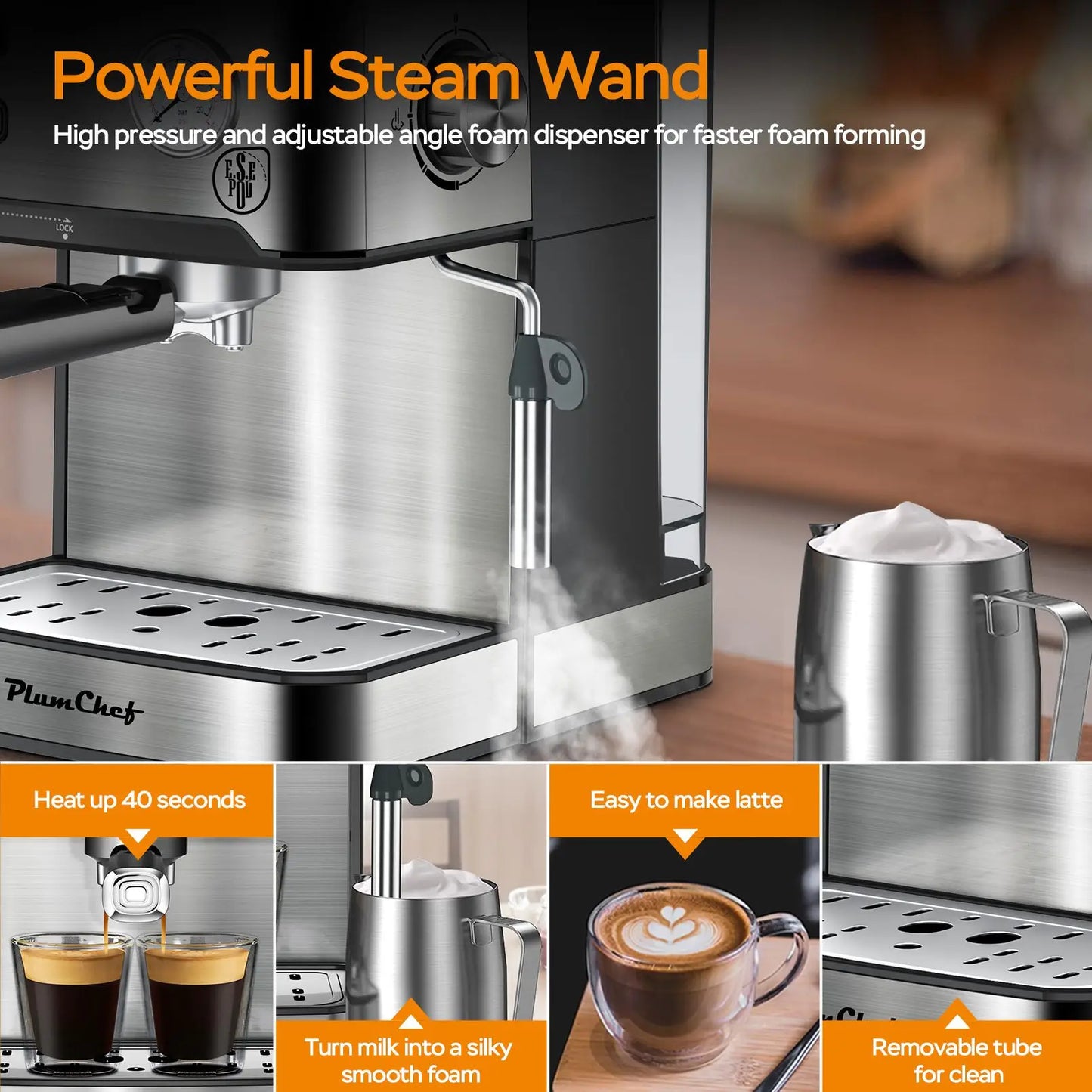 20Bar Household Espresso Machine Semi Auto Coffee Maker with Milk Frother Steam Wand Pressure Gauge 54oz Water Tank Coffee Maker
