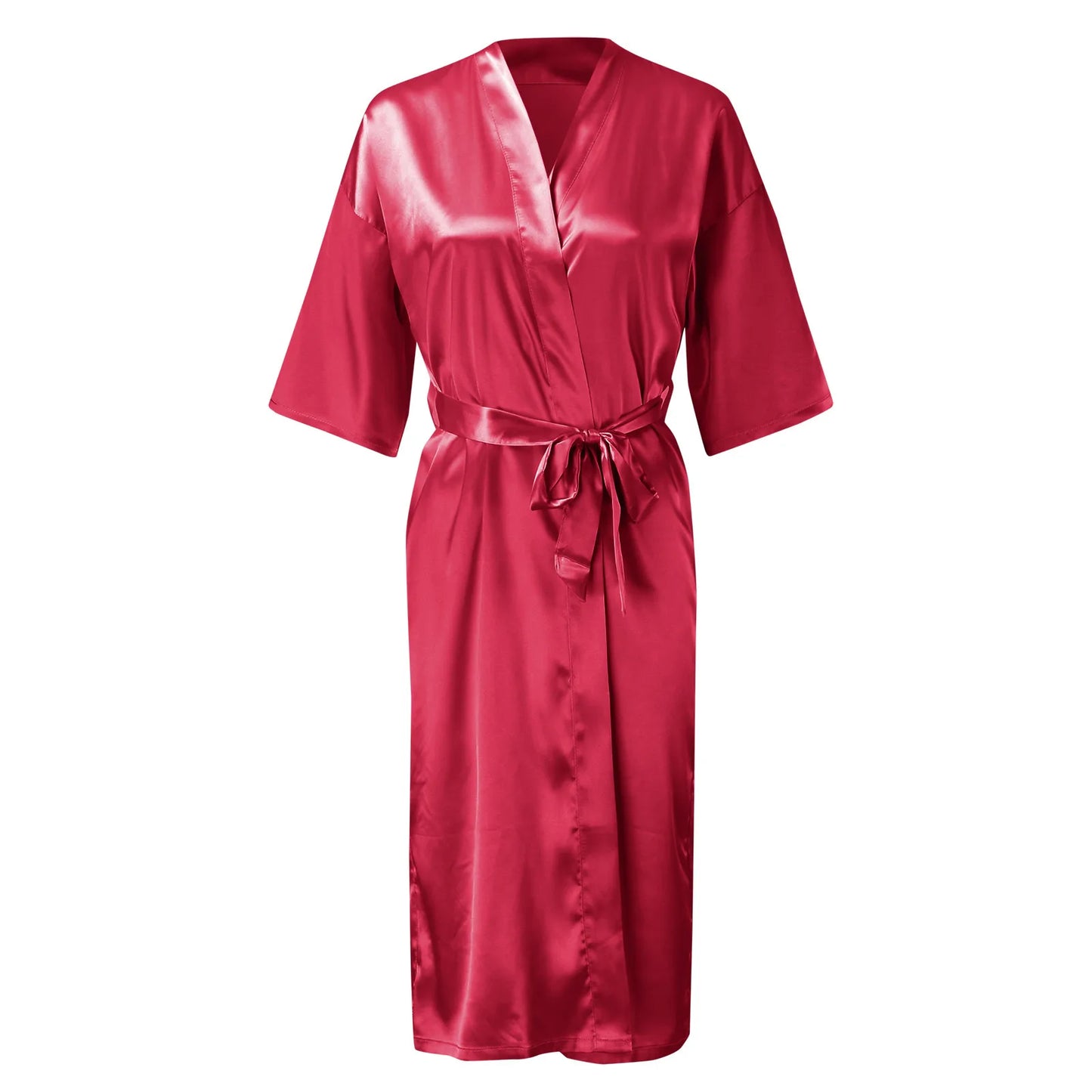 Womens Long Satin Robe Short Sleeve Kimono Silky Satin Bathrobe Bridesmaids Robe Loose Fit Sleepwear Soft Nightgown For Women