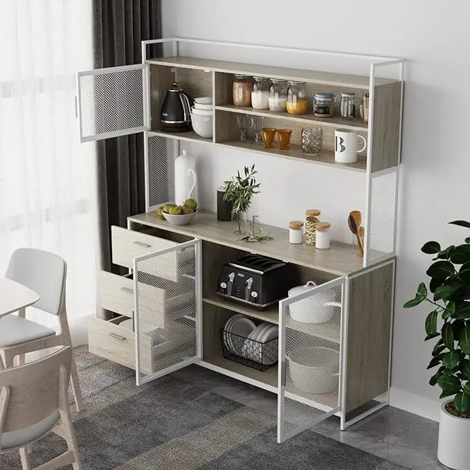 Large kitchenware storage cabinet, metal frame, drawers and microwave rack, independent kitchen storage cabinet