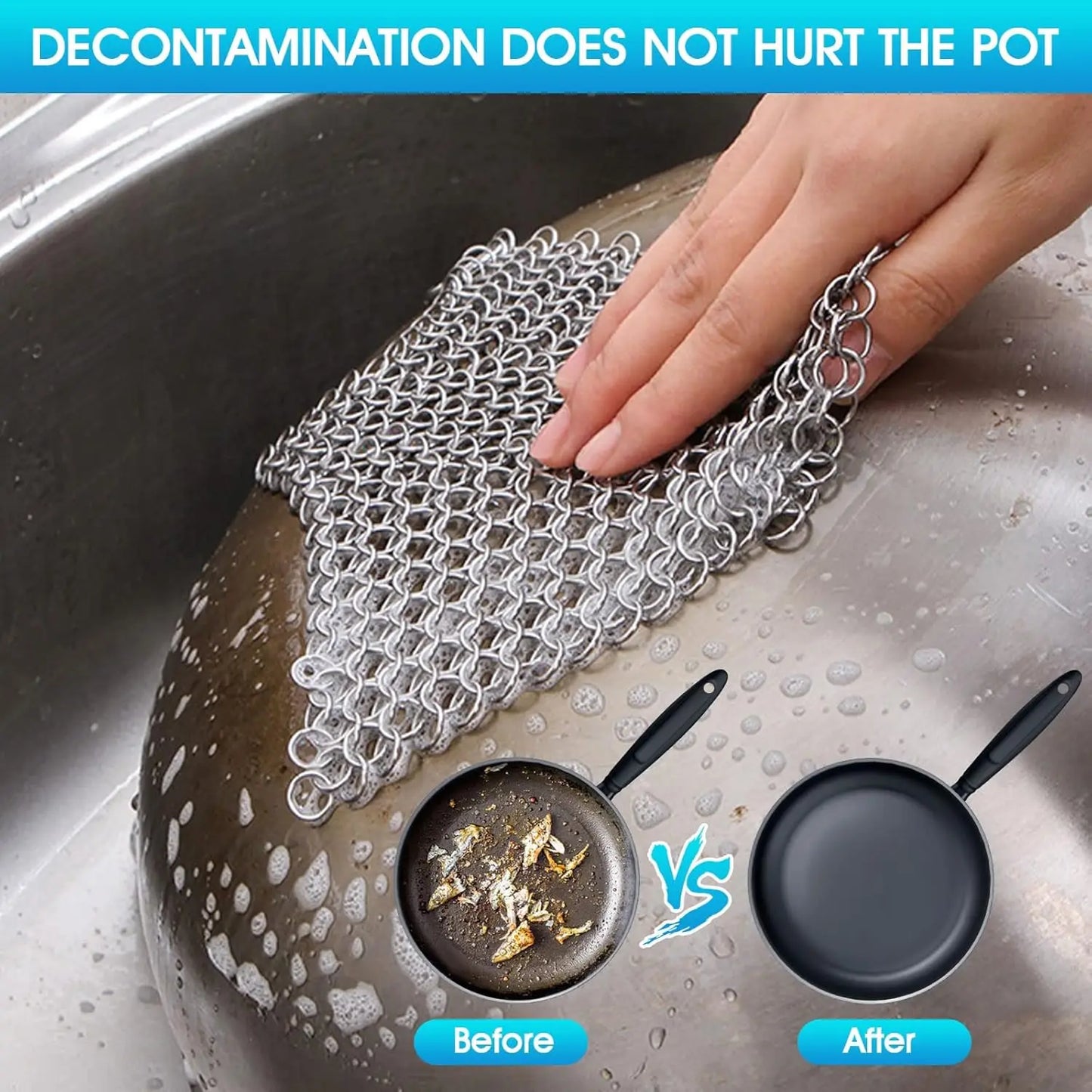 316L Stainless Steel Chainmail Scrubber for Cast Iron Pans, Griddles, and Pots - Dishwasher Safe