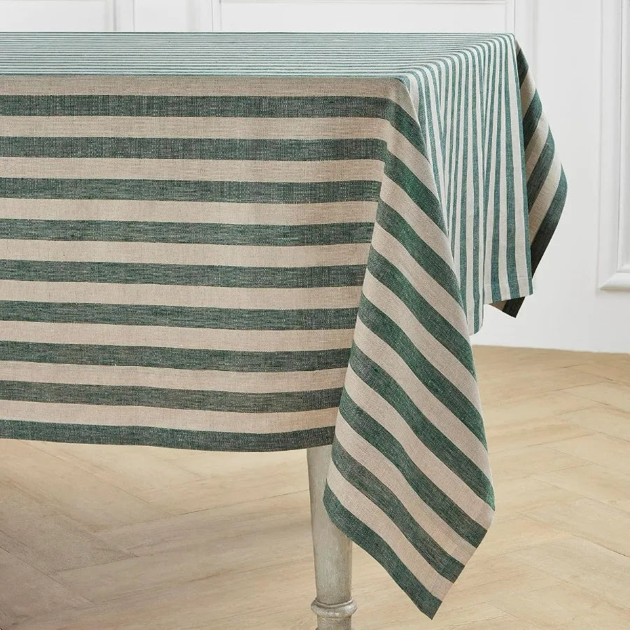Linen Tablecloth 60 x 90 Inch - Sorrento Stripe 100% Pure Linen Hunter Green and Natural Table Cloth for Rectangle Tables - Mach