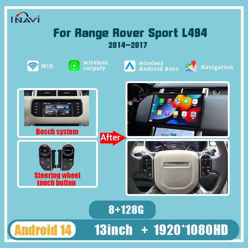 13'' For Range Rover sport 2014-2017 L494 Android 14 Multimedia Player Radio Wireless Carplay Retains the Original Feature Menu